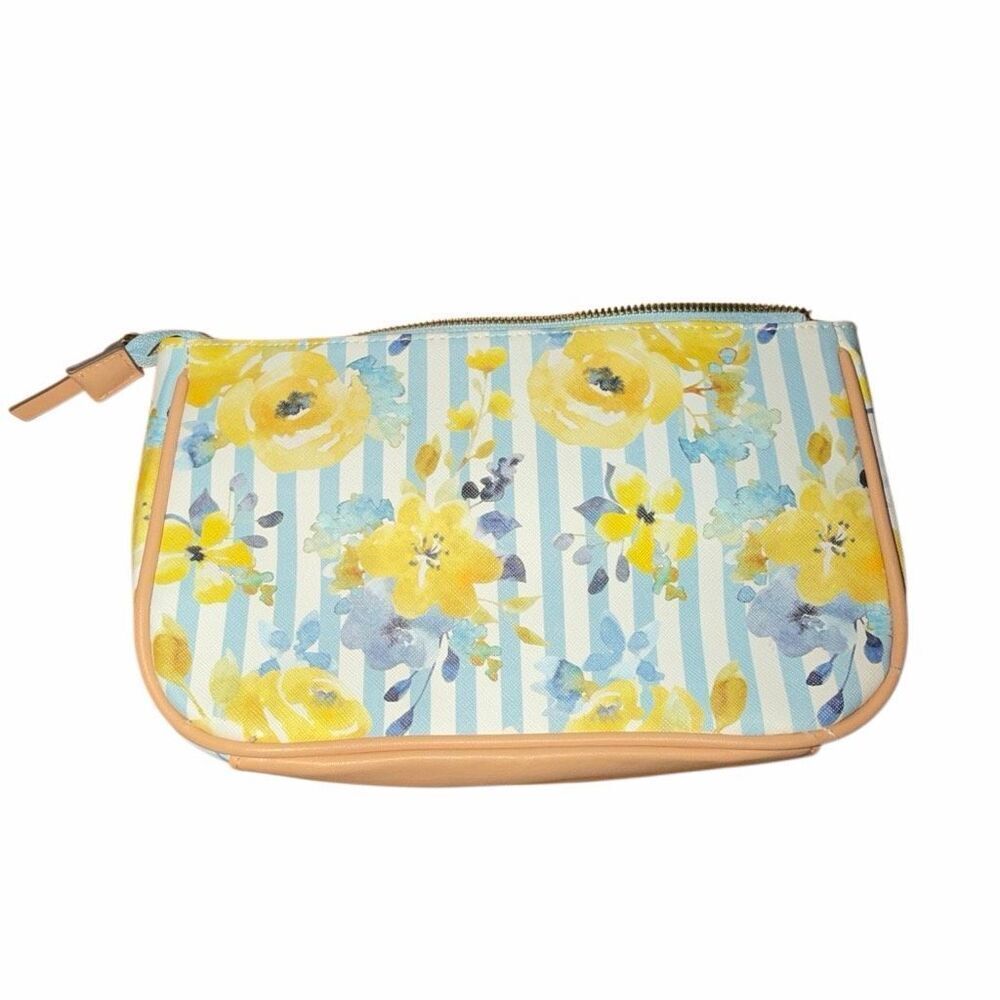 Nanette Lepore blue, white, and yellow floral zippered clutch hand bag wristlet - Picture 3 of 6